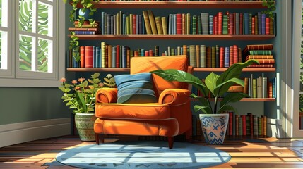 illustration a cozy reading nook with a stack of books on psychology and wellness, inviting armchair included.