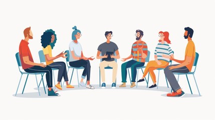 illustration a group therapy session in a circle, diverse individuals sharing and listening.