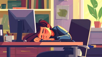 Female worker with low motivation sleeps at office computer desk modern. Overworked, stressed and tired female character. Facing long hours and low energy.