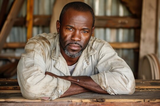 African American woodworker in his workshop, Standing figure, casual in white shirt, black trousers, surrounded by striking wood round cross sections on wall, rustic elegant furniture foreground.