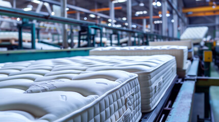Fototapeta premium Rows of newly manufactured mattresses on a production line in a large, industrial factory.