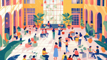 illustration of a vibrant community center hosting a wellness workshop, people engaged in healthy discussions.