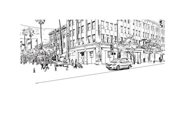 Fototapeta premium Print Building view with landmark of Santa Monica is the city in Los Angeles County. Hand drawn sketch illustration in vector.