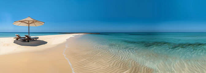 This serene beach scene invites relaxation with two sunbeds under an umbrella on a pristine sandy shore, offering a panoramic view of the clear turquoise sea under a vast blue sky. - Powered by Adobe