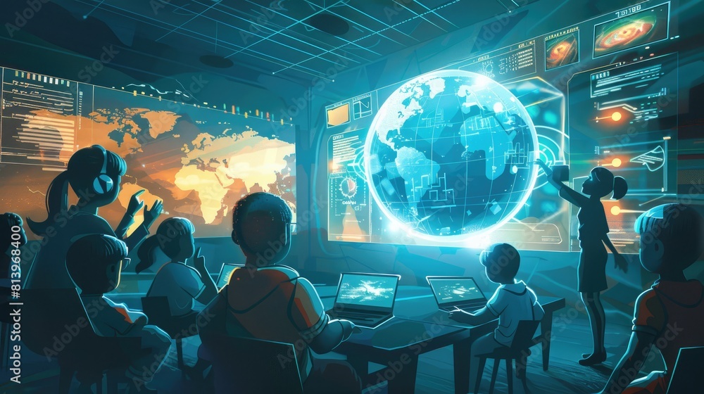 Poster illustrator style image of a teacher conducting a virtual class with students from around the world,
