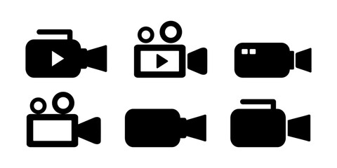 Video camera icons set in black. Icons with camera symbol, film camera, play button. For video production and vlogging.