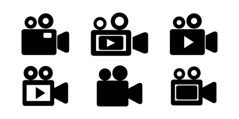 Set of flat design video camera icons with cinema camera, film camera, play button. Multimedia icons in black on a white background. For video production and vlogging.