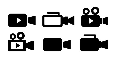 Collection video camera icons. Movie camera, film camera, play button. Multimedia icons in black on a white background. For video production and vlogging.