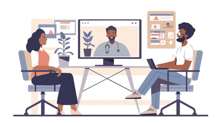 Illustrator style image of a young couple consulting a financial advisor via a video call, discussing mortgage options.