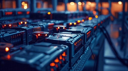 Low-light image of a modern data center with numerous servers displaying glowing red lights.