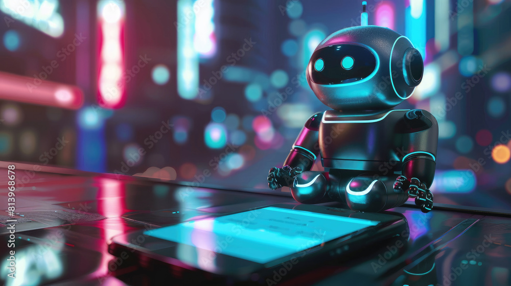 Poster robot is sitting on a table next to a cell phone. the robot is blue and has a glowing head. the scen