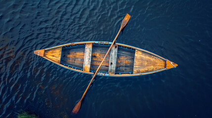 Aerial view of a wooden rowboat floating on calm, dark water with oars placed inside.