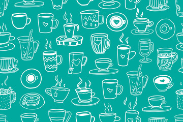 Cute seamless pattern of cups and mugs in doodle style. I love tea, tea time, coffee time, cup of coffee, mug of tea, travel mug. Mug in hand. Hand drawn. Vector illustration EPS10