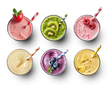 Strawberry, Kiwi, Raspberry, Apple, Blueberry and Pineapple juice isolated in transparent background