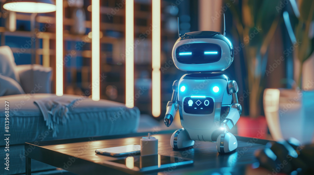 Poster robot is sitting on a table next to a cell phone. the robot is blue and has a glowing head. the scen