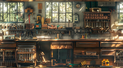 DIY Workshop Tiles Concept: Father s Craft Area Replica with Tools and Woodwork, Photo Realistic Design for Stock Photo