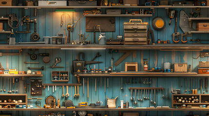 Father s Crafting Haven: DIY Workshop Tiles with Tools and Woodwork in Photorealistic Concept for Photo Stock