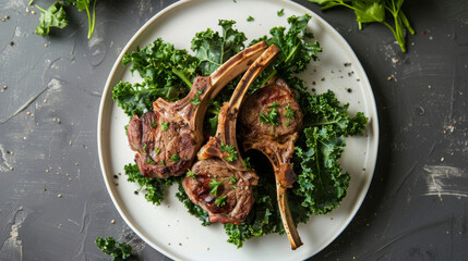 Exquisite kenyan grilled lamb chops garnished with fresh herbs, served on a white plate amidst a dark, rustic background