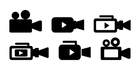 Collection of black video camera and camcorder icons with various styles for multimedia use.