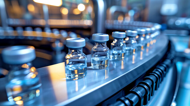 Close-up view of filled vaccine vials on a conveyor belt in a pharmaceutical manufacturing plant.