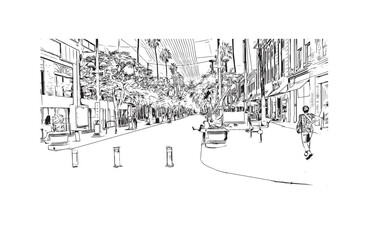 Print Building view with landmark of Santa Monica is the city in Los Angeles County. Hand drawn sketch illustration in vector.