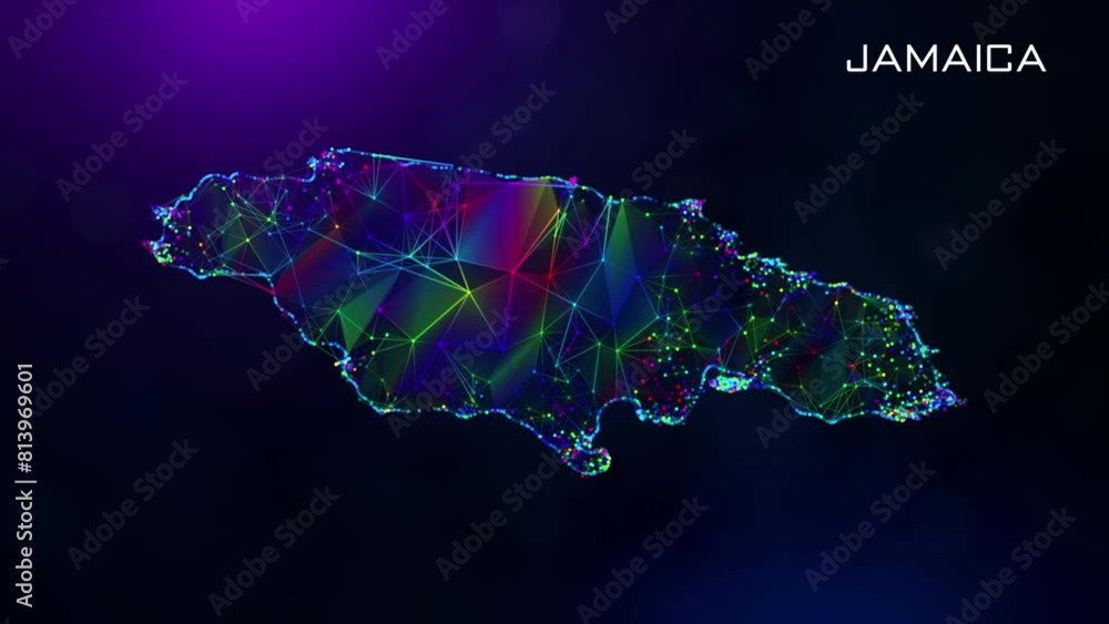 Poster futuristic motion reveal jamaica map polygonal blue purple colorful connected lines and dots network