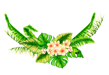 Wreath of tropical leaves and flowers. Watercolor botanical illustration. Round floral frame. Design for invitations, posters, cards, greeting cards, stationery, fabric printing, etc.  © Alyona Pugachova