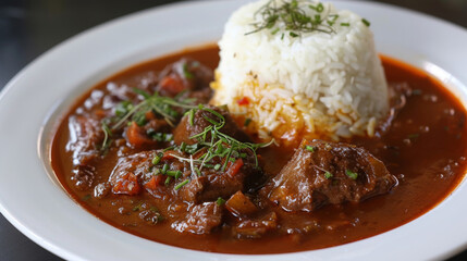 Aromatic kenyan beef stew served with steamed white rice, garnished with fresh herbs on a white plate, ready to enjoy