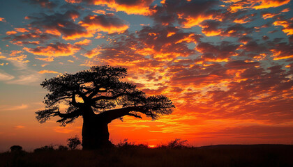 A high-resolution photograph the striking silhouette of a baobab tree at sunset, its unique shape standing out against the warm hues of the sky