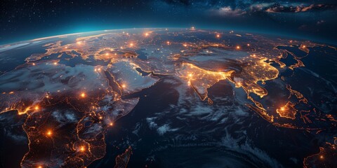 A global map with light connections between various countries, representing the concept of international network and connectivity