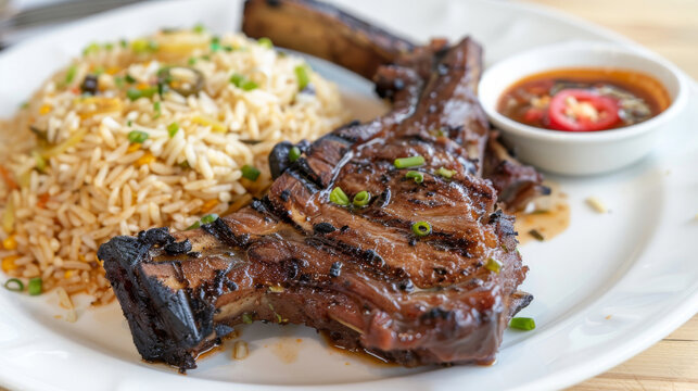 Grilled pork chops with fragrant kenyan pilau rice, topped with scallions and served with a zesty dipping sauce