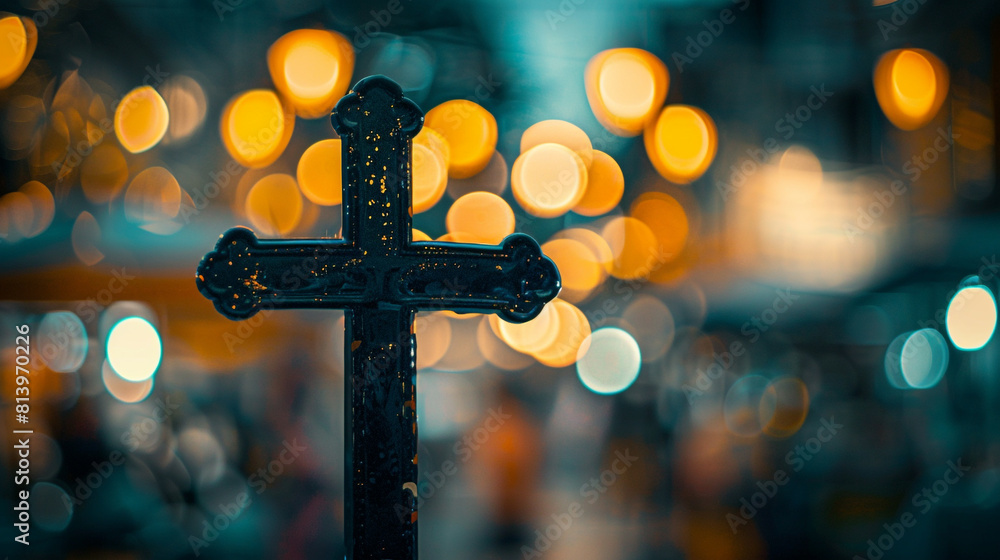 Wall mural A Christian cross in a bustling marketplace at dusk, with the lights from the stalls blending into a golden bokeh that provides a contrast between commerce and spirituality. - Wall murals