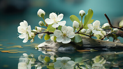 Zen Stones With Flowers and Leaves in Front of Water in Exotic Atmosphere On Blurry Background