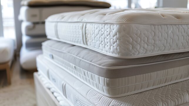 Close-up view of neatly stacked luxury mattresses in a bright, modern store interior.
