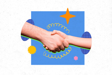 Composite photo collage of people hand shake greeting gesture agreement success deal love together sympathy isolated on painted background