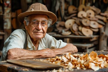 The harmony of traditional and modern techniques in woodworking, Senior craftsman in hat, glasses perched, leans on workbench. Workshop filled with wood shavings, background crafted pieces.