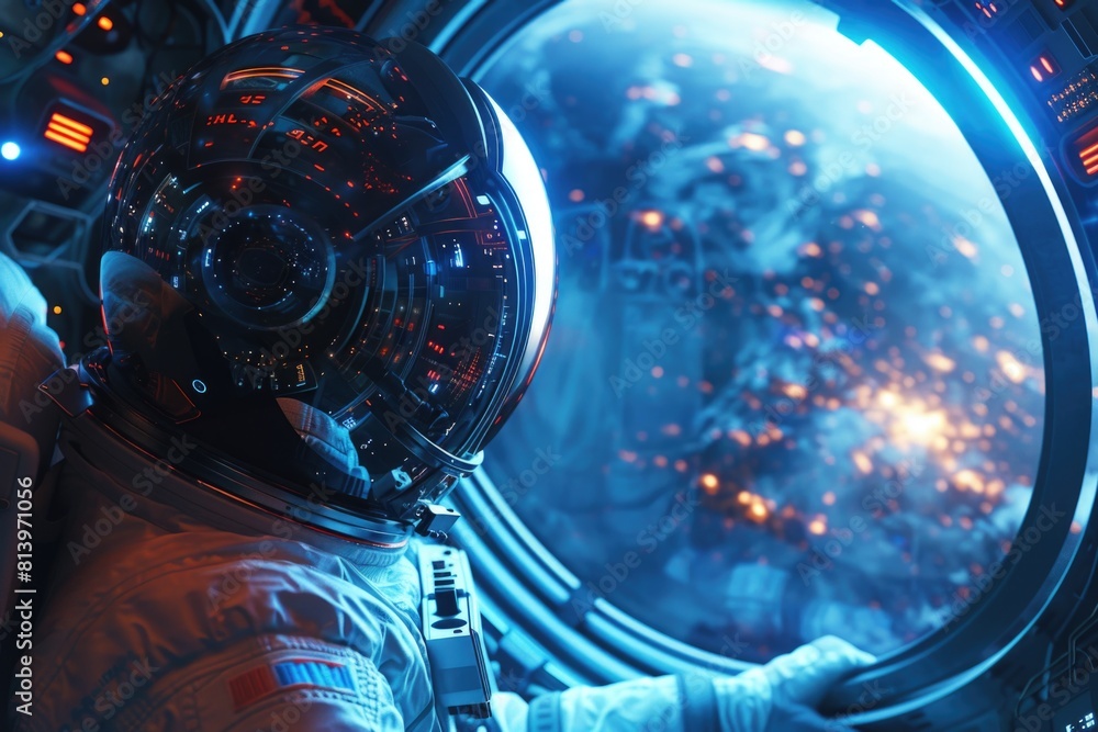 Poster an astronaut in a space suit looking out of a window. ideal for science fiction or space exploration