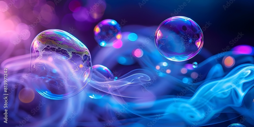 Poster colorful soap bubbles floating in a group in a realistic or cartoonish style. concept colorful soap 