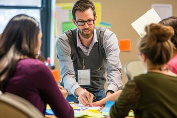 Leadership Training Course A leader guiding a team through a problem-solving activity in a workshop setting