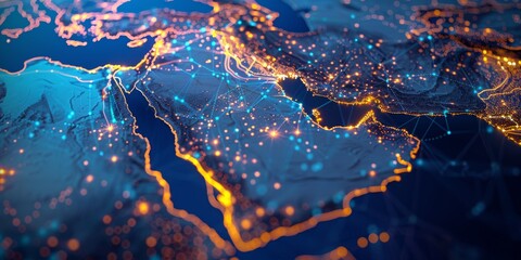A map of the Middle East with glowing connections between cities, representing global network and connectivity in digital marketing.. realistic photography