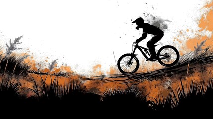 Silhouette of a mountain biker in action against a vibrant orange splatter backdrop