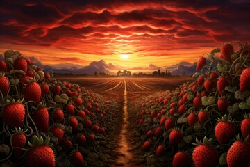 Fototapeta premium Idyllic landscape of vibrant strawberry fields under a dramatic sunset sky