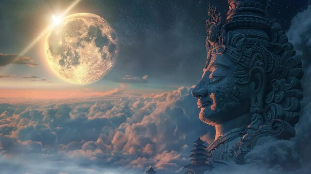 a statue of a Hindu god that is so beautiful on a perfect full moon night. seamless looping time-lapse virtual 4K video Animation Background.