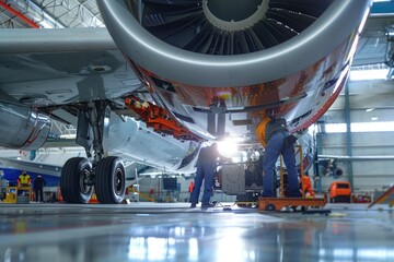 Technicians working on an aircraft in a hangar