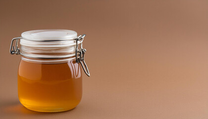Sweet golden honey in glass jar isolated on brown background. Organic and healthy food.