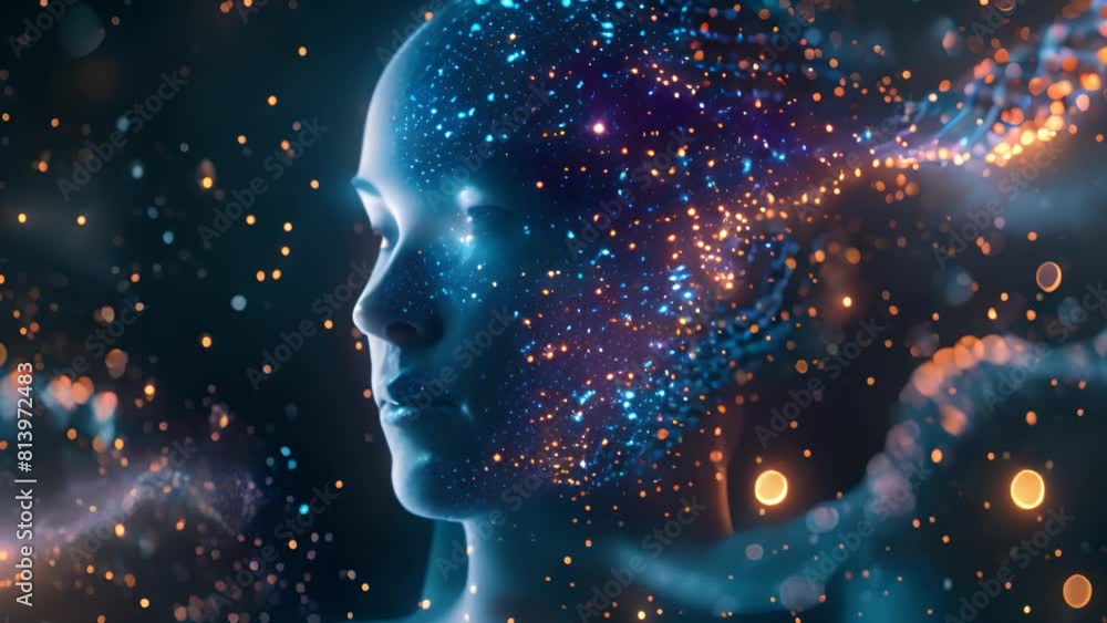 Poster a womans face illuminated by glowing lights emanating from it.