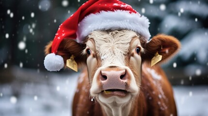Christmas holidays concept. Cute cow in Santa red hat.