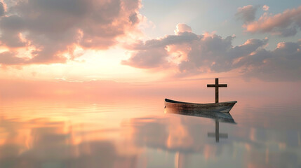 A Christian cross on a small boat floating in the middle of a serene lake during sunset, with the...