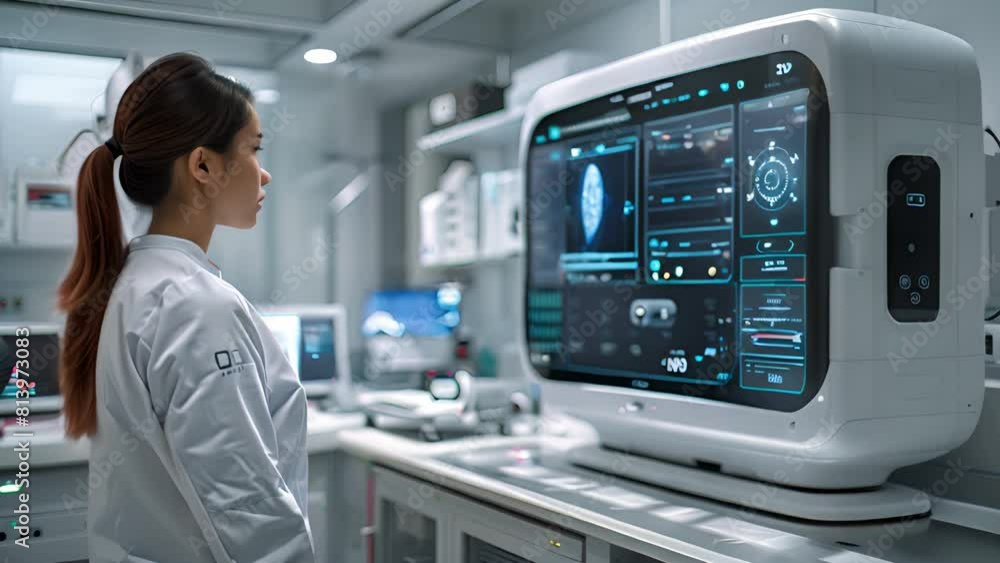 Aufkleber A female scientist in a laboratory is focused on analyzing data on a computer screen.