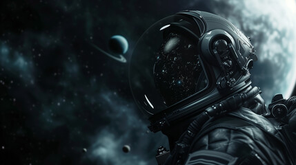 Astronaut in space with stars and galaxies.
